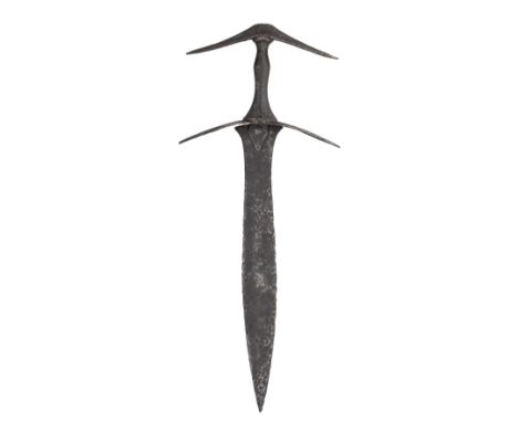 A NORTH INDIAN DAGGER (JAMADHAR KATAR), POSSIBLY 14TH/15TH CENTURY with straight double-edged blade slightly recessed at the 