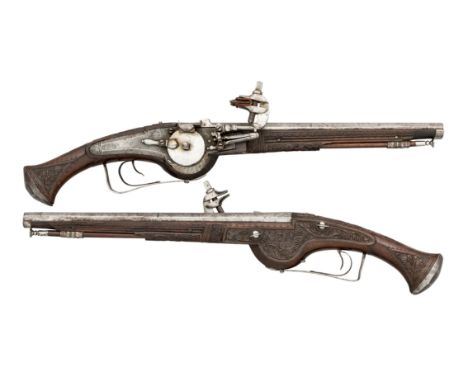 ‡ A FINE AND RARE PAIR OF 40 BORE GERMAN WHEEL-LOCK HOLSTER PISTOLS STOCKED BY THE SO-CALLED MEISTER DER TIERKOPFRANKE, SECON