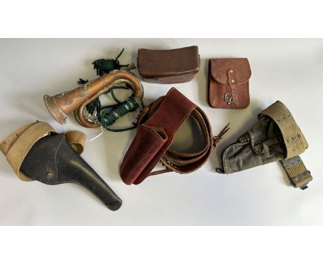 A GROUP OF 19TH AND 20TH CENTURY MILITARIA ITEMS including two revolver-holsters (one black, one brown); a khaki webbing pist