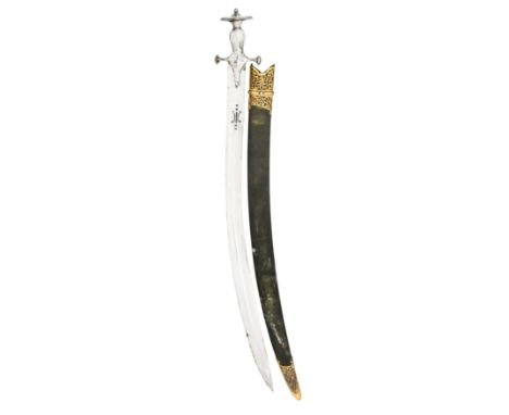 AN INDIAN SWORD (TALWAR), 18TH CENTURY with curved blade double-edged towards the point, formed with a long fuller and struck
