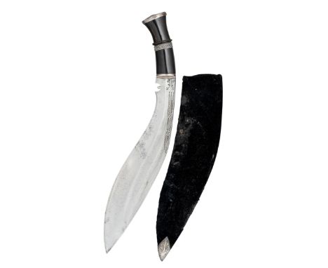 A NEPALESE DAGGER (KUKRI), 19TH CENTURY with broad curved blade decorated with a series of incised panels along the back-edge