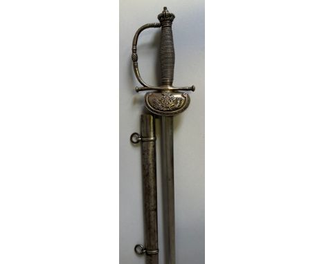 A COURTSWORD, 19TH CENTURY with double-edged blade etched with foliage and a crowned cypher on each face, white metal hilt in