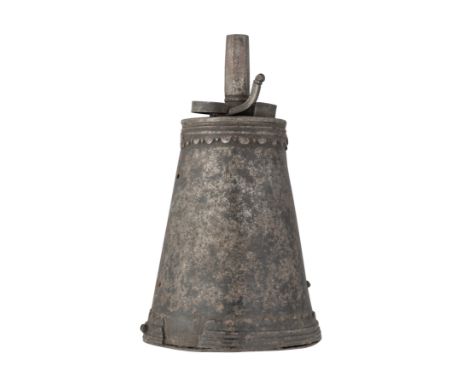 ‡ AN ITALIAN POWDER-FLASK FORMED ENTIRELY OF STEEL, LAST QUARTER OF THE 16TH CENTURY with tapering body of D-section, fitted 