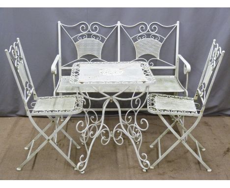White painted wire work garden table, bench and two chairs, length of bench 114cm