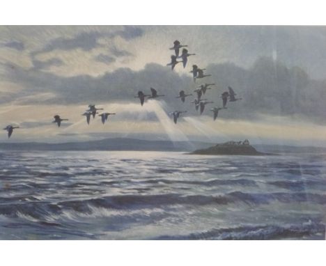 Peter Scott signed print of migrating birds, signed, dedicated and with pencil sketch to margin, 38 x 55cm