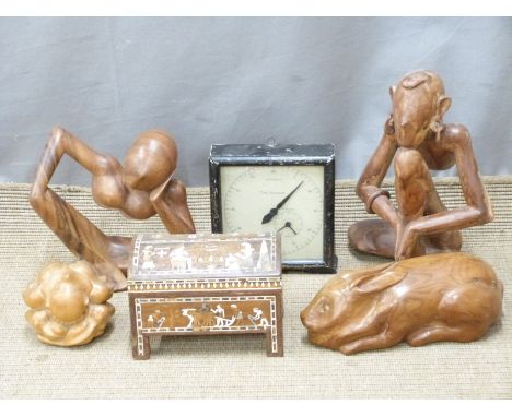Egyptian style inlaid casket, width 19cm, carved wooden rabbit, three carved wooden figures and a timer