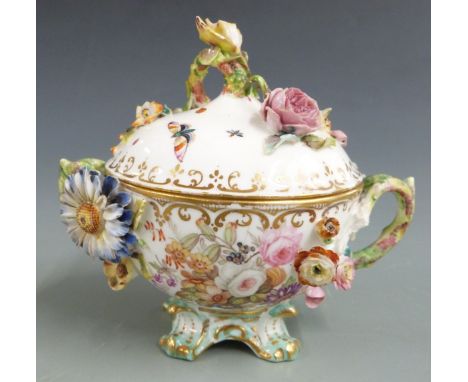 A 19thC Coalbrookdale sucrier with applied flower decoration, H 12cm