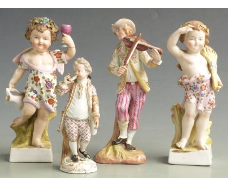 Three 19thC German figures, probably Plaue / Volkstedt and another Meissen style figure playing a pipe, with indistinct mark,