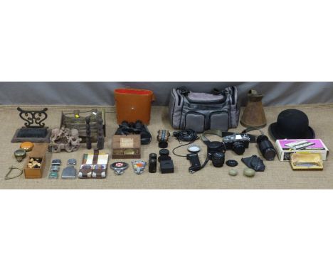 Two 19thC cast iron foot scrapers, binoculars, boxed xylophone, Hohner harmonica, travelling scales, motorcycle badges, Staun