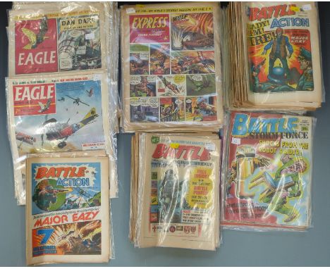 Approximately 82 vintage action comics / magazines including a large collection of Battle Picture Weekly, Express and Eagle a