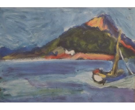 Carolyn White (1945-2013), acrylic Turkish seascape, initialled lower right, 21 x 29cm