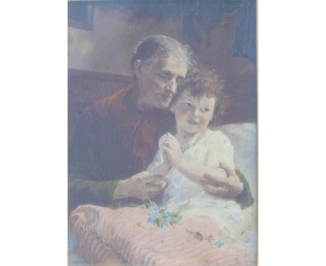 Paul Wagner (1852 - 1937) oil on panel portrait miniature depicting a lady and young girl in panelled room, signed lower left
