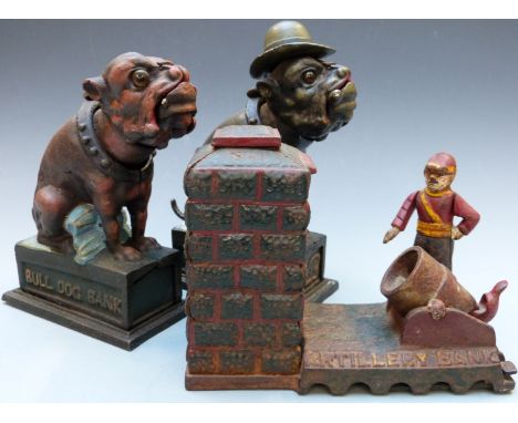 Three vintage novelty cast iron money boxes comprising 'Artillery Bank', 'Ole Puffer' and 'Bull Dog Bank', tallest 21.5cm