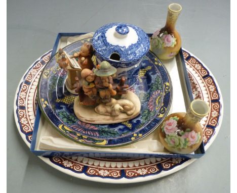 Wedgwood meat plate, Royal Doulton 'Persian' plate, Goebel Hummel figures, George Jones Abbey pattern preserve pot and a pair