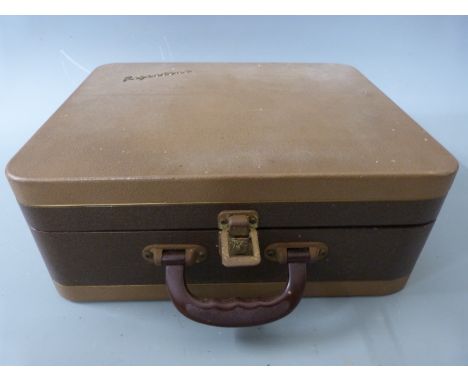 Regentone c1950's portable record player 'Handy-Gram' in brown and beige rexine finish case