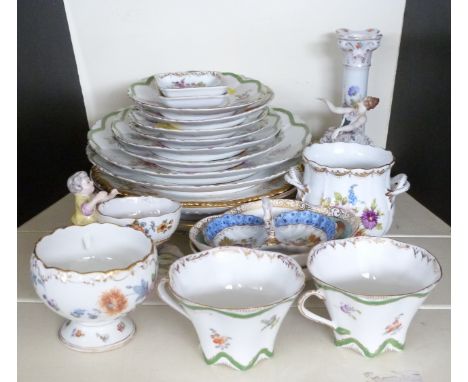 A collection of continental ceramics including a good selection of decorative Dresden dinner and tea ware, candlestick and a 