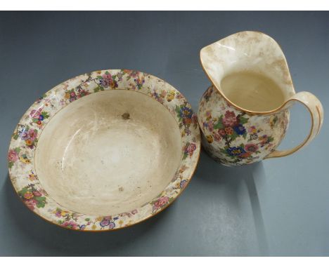 Crown Ducal jug and basin set decorated with flowers, H 27cm, diameter 42cm&nbsp;