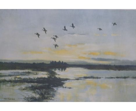Peter Scott signed print mallards in a yellow sky, 38 x 56cm