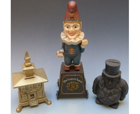 Three vintage novelty cast iron money boxes comprising 'Five Cent Cigars', 'Transvaal Bank' and 'City Bank', tallest 32cm