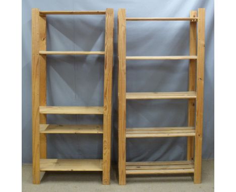 Two pine slatted shelf units, larger W80 x D30 x H170cm