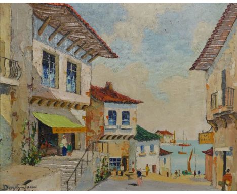Cecil R D'Oyly John oil on board Mediterranean seaside street scene with figures, signed lower left, 42 x 52cm