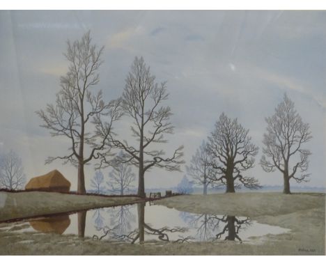 Tristram Hillier signed print 'Flooded Meadow', signed to lower right margin, 49 x 63cm