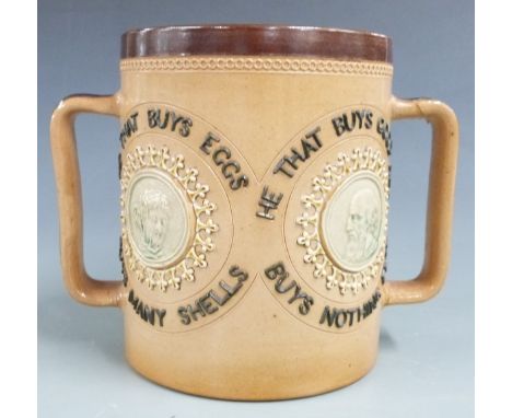 Florence Barlow for Royal Doulton motto stoneware loving cup with classical portrait cartouches, H 15cm