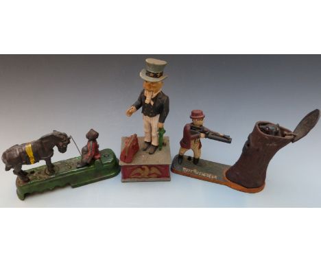 Three vintage novelty cast iron money boxes comprising 'Uncle Sam Bank', 'Teddy and the Bear' and another with bucking horse 