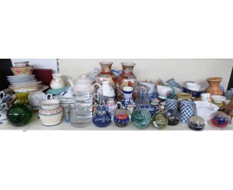 A large collection of ceramics including three teapots, Royal Doulton dessert set, paperweights, Royal Worcester, George Jone