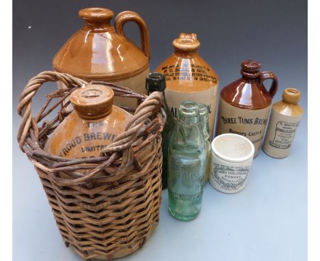 Stoneware flagons and jars including Stroud Brewery, F.E.Ball &amp; Son, Buckwell End, Wellingborough, vintage glass bottles 