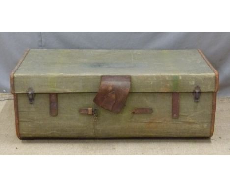 Army and Navy canvas covered travelling&nbsp; trunk with leather fittings, W87 x D52 x H32cm