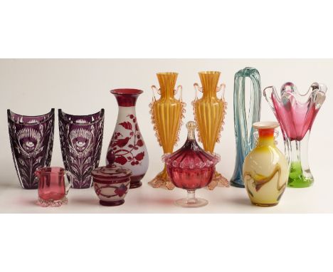 Pair of amethyst overlaid and cut glass vases. Victorian Cranberry glass, Studio glass etc, tallest 31cm&nbsp;