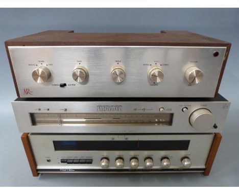 Quantity of vintage/retro hi-fi equipment comprising Luxman T-4 AM/FM tuner, Rotel RX-200 solid state stereo receiver and AR 