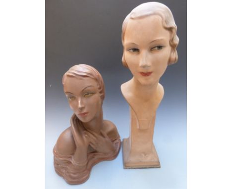Two vintage haberdashery or shop display female heads or busts, one signed Reilaw, height of tallest 64cm&nbsp;