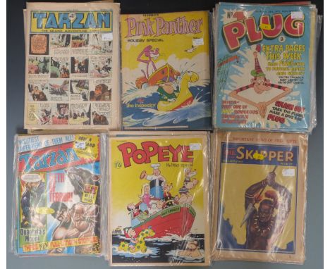 Approximately&nbsp;59 vintage adventure comics / magazines including Plug, Popeye, Pink Panther, Tarzan and The Skipper etc.&