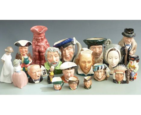 Royal Doulton large Toby and character jugs, Winston Churchill, Sir Thomas More, Anne Boleyn, Captain Ahab, small and medium 