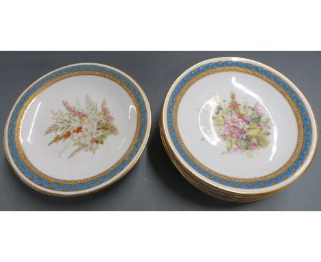 Royal Worcester dessert service of six plates and a tazza with hand-painted botanical decoration and jewelled borders, diamet