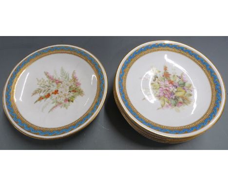 Royal Worcester dessert service of six plates and a tazza with hand-painted botanical decoration and jewelled borders, diamet