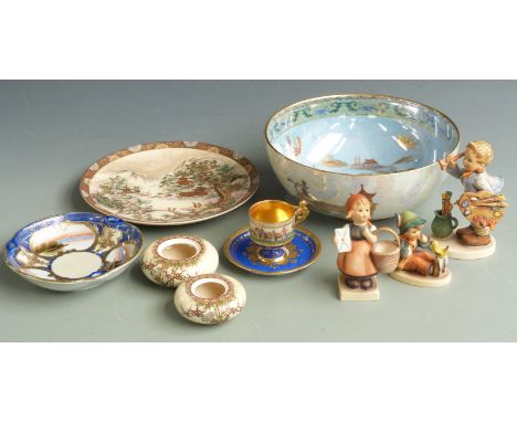 Ceramics including a lustre ware pedestal bowl, mark blurred but probably Carltonware, Satsuma ware, Dresden, Goebel Hummels 