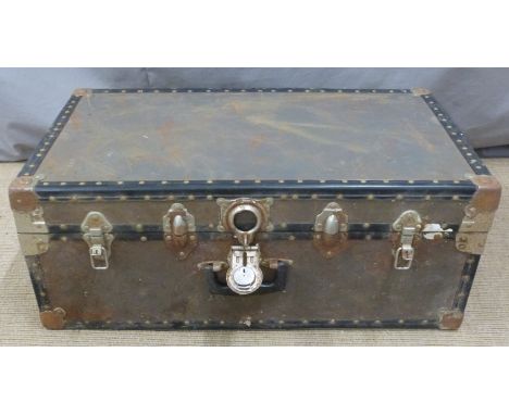 Embossed brass blanket box or similar, width 90cm together with a travelling trunk