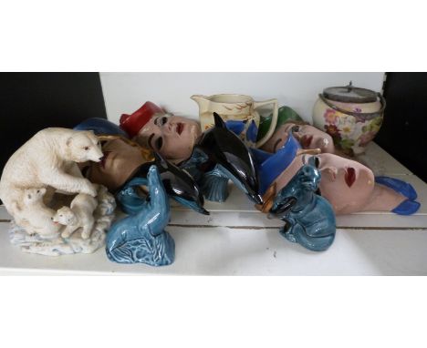 Vintage/retro figural wall plaques, Carltonware biscuit barrel, Aynsley polar bears, Poole pottery figures etc, largest 30cm&
