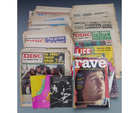 A collection of mixed music related publications including Rolling Stones book, Rave, Disc and Music Echo, Prickel 69 and Tim