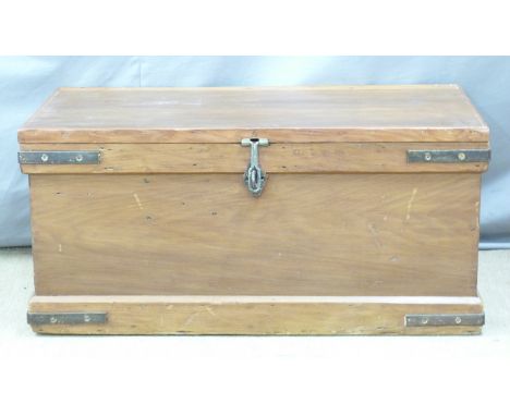 Wooden tool chest or travelling trunk, W89 x D45 x H42cm together with a press etc