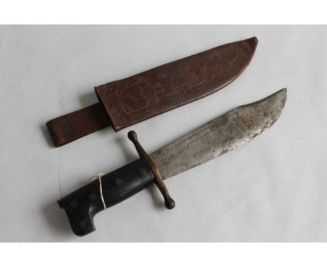 A COLLINS LEGITINUS BOWIE TYPE KNIFE in leather scabbard, with later scratch carved graffiti to scabbard and grip