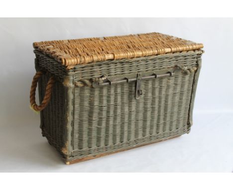 A VINTAGE WICKER HAMPER WITH METAL HASP, with green painted sides. Length 75 cm, Height 53 cm and Depth 40 cm