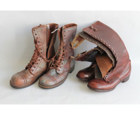 A PAIR OF U.S. ARMY BROWN LEATHER BOOTS, together with another pair of Officer type brown leather boots with hub nail slots. 