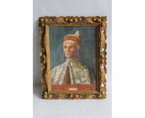 A FRAMED AND GLAZED WATERCOLOUR  OF A RELIGIOUS PORTRAIT TITLED "JOANNES BELLINUS" , both in decorative frames