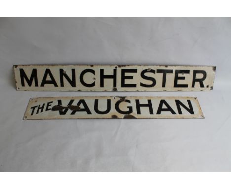 TWO ENAMEL WALL SIGNS - 'THE VAUGHAN' AND 'MANCHESTER', possibly from The Vaughan Crane Company of Manchester pre-1930