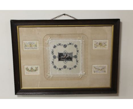 A WWI INTEREST FRAMED SILK HANDKERCHIEF SOUVENIR OF ARRAS, dated 1915, with silk postcards, frame 89 cm x 64 cm 