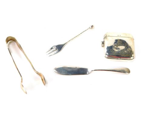 A George V silver vesta case, Birmingham 1943, bearing the initials JAC, a silver butter knife, a pair of Victorian silver sh